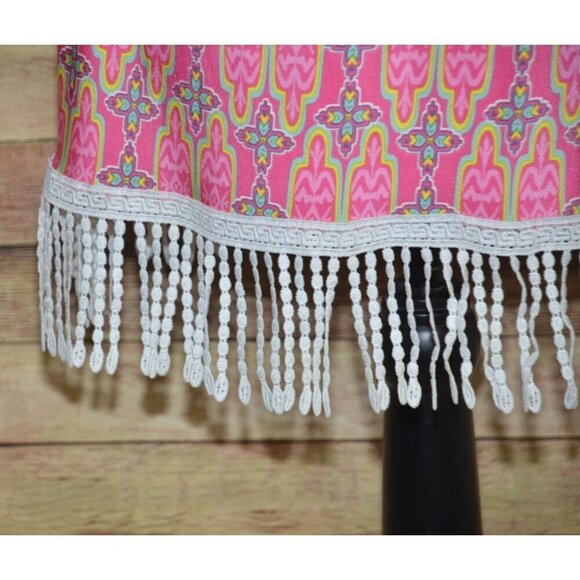 R. Rouge Pink Hippie Retro Midi Dress Size S Bell Sleeves Fringe Colorful Bright - Picture 8 of 11